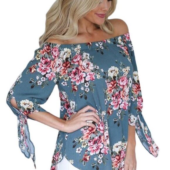 AlvaQ Off The Shoulder Blue Floral Top - Picture 1 of 8